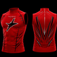 Red sleeveless athletic shirt with black and white designs on a black background